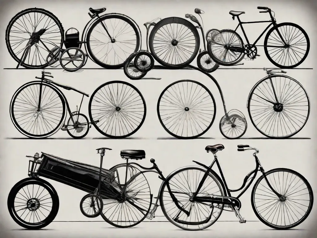 Uma fotografia vintage em preto e branco que mostra a evolução das bicicletas ao longo do tempo. Desde a bicicleta de roda alta com sua grande roda dianteira até a bicicleta de segurança mais antiga, a imagem captura a fascinante progressão dos designs de bicicletas que pavimentaram o caminho para o ciclismo moderno.