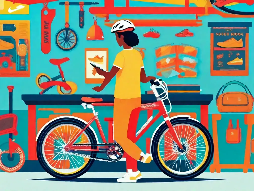 Uma imagem em close de uma pessoa examinando cuidadosamente diferentes tipos de bicicletas em uma loja de bicicletas. A pessoa está usando um capacete e segurando um caderno, fazendo anotações e comparando as características de cada bicicleta. O fundo mostra uma variedade de bicicletas coloridas, criando uma atmosfera vibrante e convidativa para iniciantes explorarem suas opções.