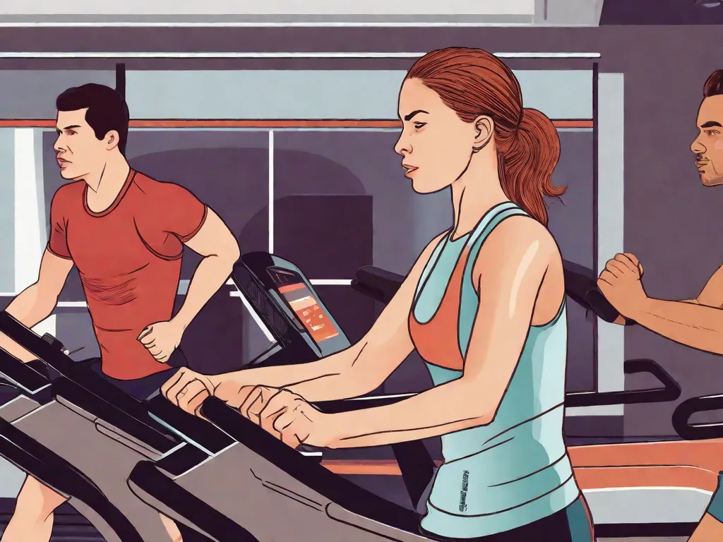 Descrição da imagem: Duas pessoas envolvidas em diferentes formas de exercício. À esquerda, uma pessoa está correndo em uma esteira, seu corpo em movimento, suor escorrendo pelo rosto. À direita, uma pessoa está pedalando em uma bicicleta estacionária, seus músculos engajados, uma expressão determinada no rosto. Ambas as pessoas estão focadas e dedicadas aos seus métodos