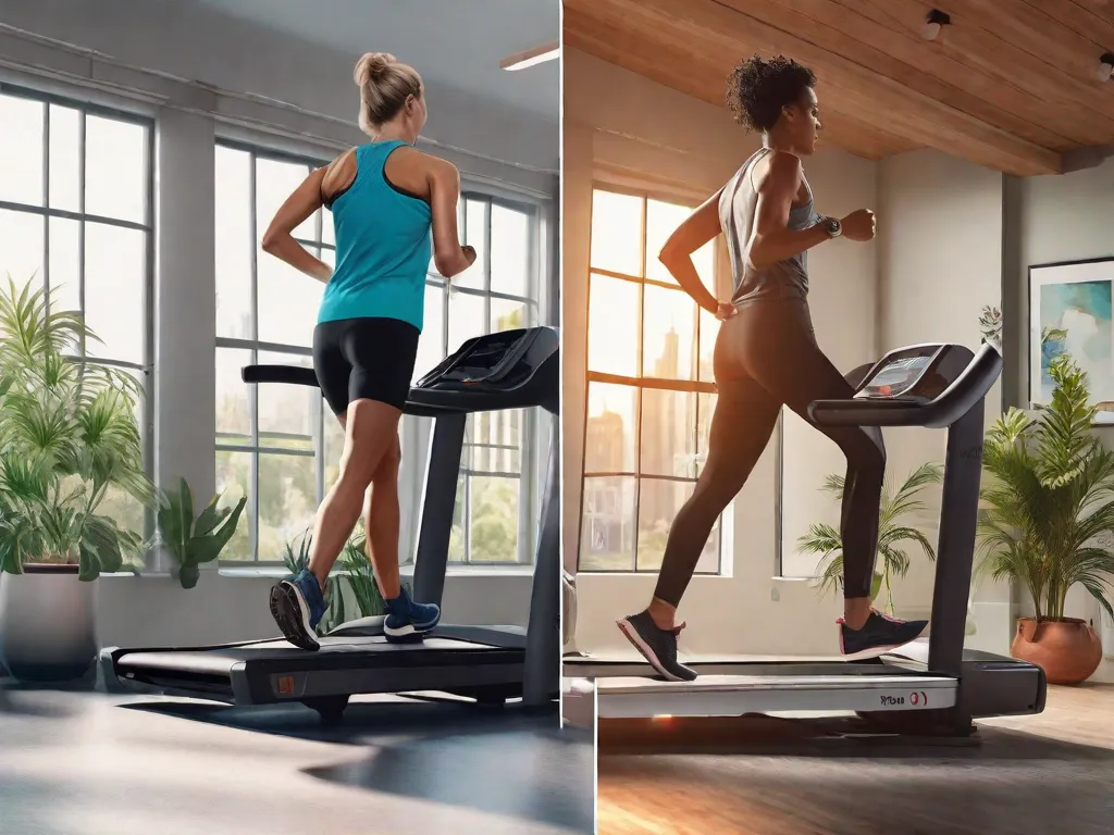 Descrição da imagem: Uma imagem dividida ao meio mostrando uma pessoa em uma esteira e outra pessoa em uma bicicleta ergométrica. A pessoa na esteira está correndo em um ritmo constante, enquanto a pessoa na bicicleta está pedalando vigorosamente. Ambos estão suando, ilustrando a intensidade e eficácia das duas opções de exercício.