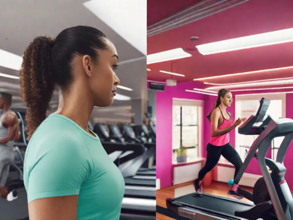 Descrição da imagem: Uma imagem dividida ao meio mostrando uma pessoa em uma esteira e outra pessoa em uma bicicleta ergométrica. A pessoa na esteira está correndo em um ritmo constante, enquanto a pessoa na bicicleta está pedalando vigorosamente. Ambos estão suando, ilustrando a intensidade e eficácia das duas opções de exercício.