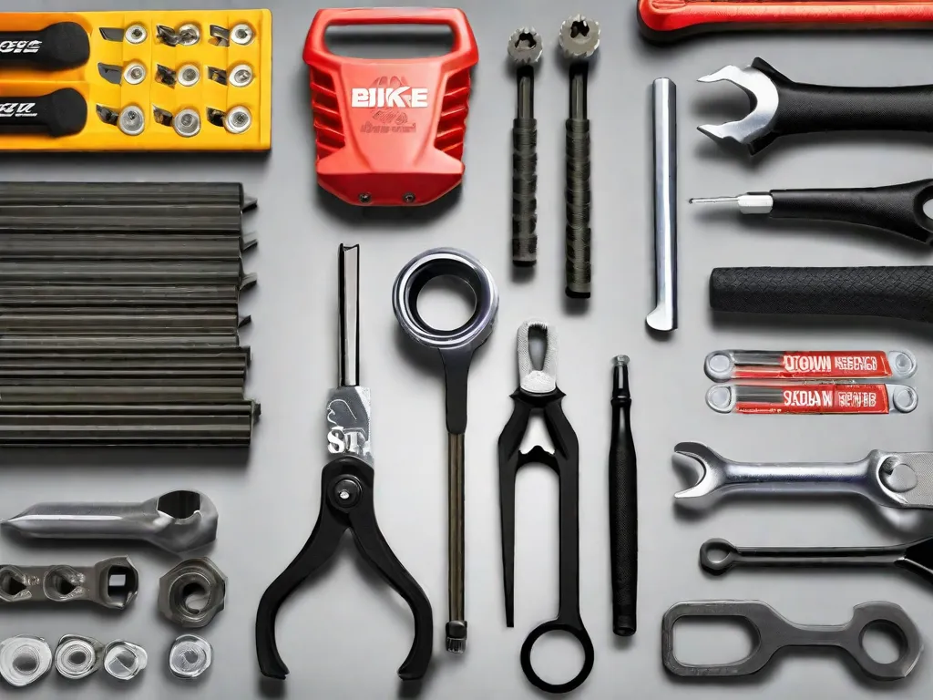 Uma imagem em close-up de um conjunto de ferramentas de bicicleta arrumadas de forma organizada em uma bancada de trabalho. As ferramentas incluem chaves inglesas, chaves de fenda, um quebra-correntes e alavancas para pneus, prontas para serem usadas na remoção de vários componentes da bicicleta. A imagem destaca as ferramentas essenciais necessárias