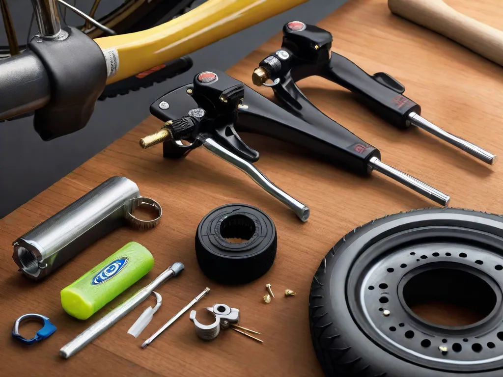 Uma imagem em close-up de uma bomba de ar para pneus de bicicleta, alavancas para pneus e um kit de remendo dispostos em uma bancada de trabalho. Essas ferramentas e equipamentos essenciais são necessários para inflar os pneus da bicicleta e reparar furos, garantindo um passeio suave e seguro.