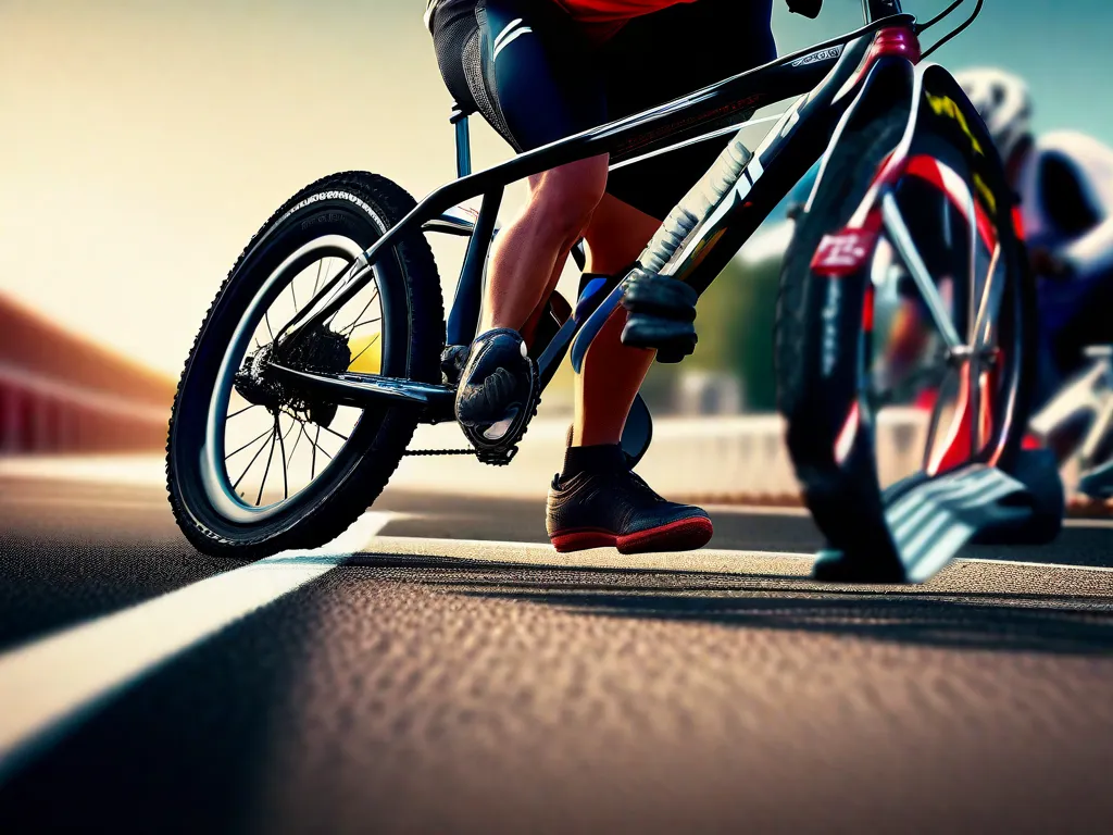 Uma imagem em close-up de um pneu de bicicleta rolando sobre a linha de chegada, capturando a empolgação e o sentimento de realização que vem ao alcançar o fim de um desafiador passeio de bicicleta. A banda de rodagem desgastada e a sujeira no pneu simbolizam a jornada percorrida para chegar até este ponto.