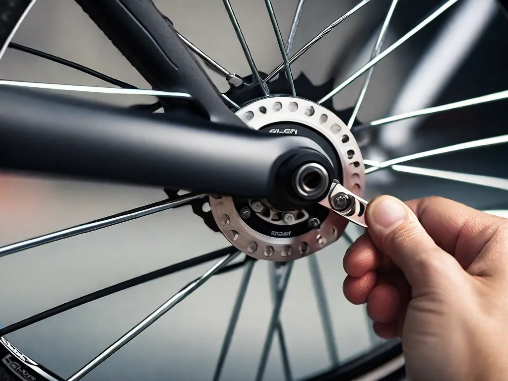 Descrição da imagem: Um close-up de um disco de freio de bicicleta com uma mão segurando uma chave Allen, ajustando a pinça de freio. O foco está no ajuste preciso das pastilhas de freio para garantir um desempenho de frenagem ideal.