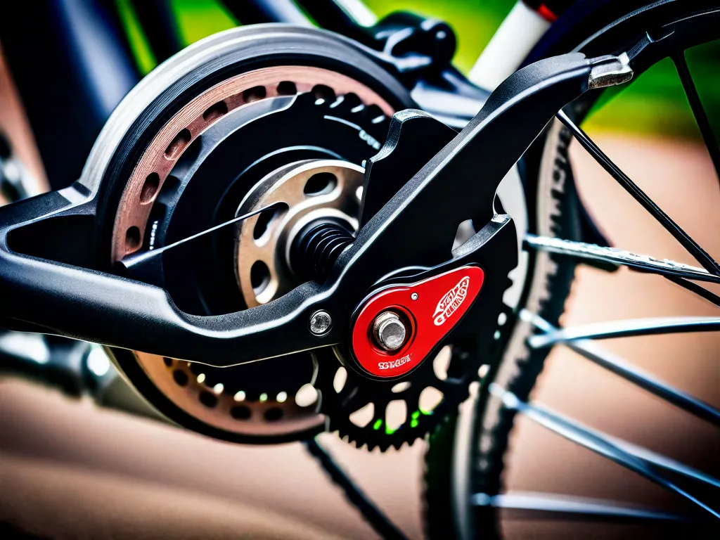 Uma imagem em close-up de uma pinça de freio de bicicleta com uma mão ajustando a posição das pastilhas de freio. O foco está nos detalhes intricados da pinça e na precisão necessária para alinhar corretamente as pastilhas de freio para um desempenho de frenagem ideal.