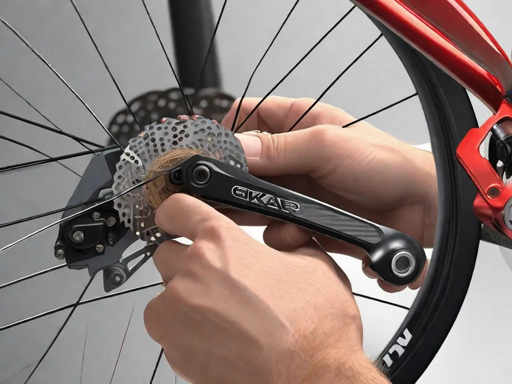 Descrição da imagem: Um close-up de um sistema de freio de bicicleta, com o foco nas pastilhas de freio a disco. A imagem mostra a mão de um mecânico ajustando a posição das pastilhas de freio usando uma ferramenta especializada. A precisão e atenção aos detalhes destacam a importância da manutenção adequada dos freios para um desempenho ótimo ao pedalar.