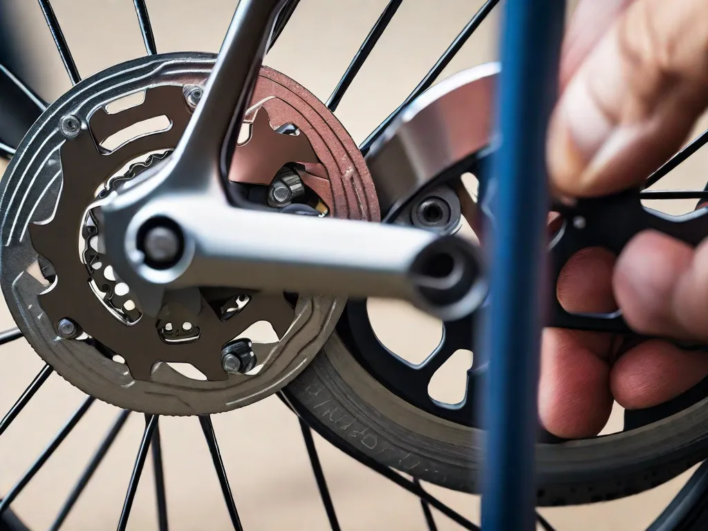 Uma imagem de um close-up de um sistema de freio de bicicleta, com uma mão segurando uma chave para ajustar as pastilhas de freio. O foco está nos detalhes intricados do mecanismo de freio, destacando a importância da manutenção adequada e do processo passo a passo de ajustar os freios e substituir as pastilhas de freio.