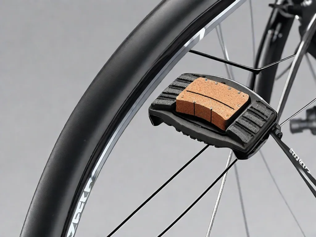 Imagem em close-up de uma pastilha de freio de bicicleta, mostrando a superfície desgastada e indicando a necessidade de substituição. As ranhuras e o material fino destacam a importância da manutenção regular e da segurança ao andar de bicicleta.