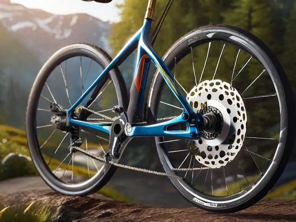 Descrição da imagem: Um close-up do sistema de freio a disco de uma bicicleta, mostrando o rotor do freio, a pinça e as pastilhas de freio. A bicicleta está estacionada em frente a um cenário pitoresco, criando uma contraposição entre a robustez do sistema de freio e a tranquilidade da natureza.