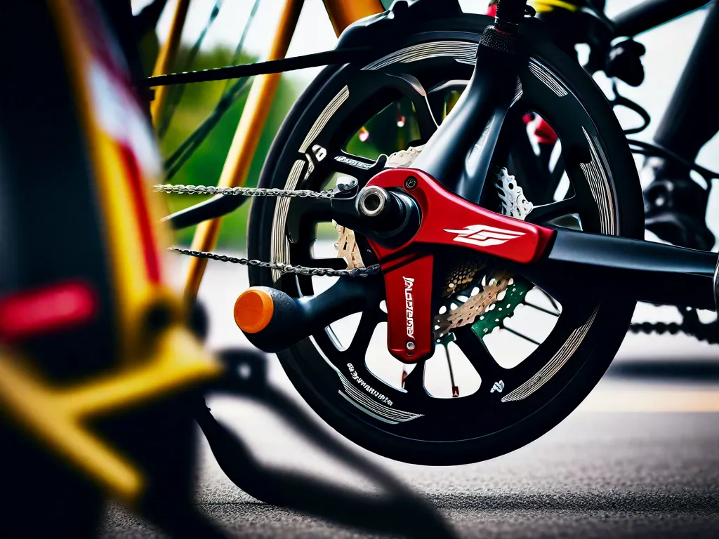 Uma imagem em close-up das pastilhas de freio de uma bicicleta pressionando contra a roda, demonstrando a eficácia dos freios recém-ajustados. O enquadramento focado captura a tensão e precisão do sistema de freios, destacando a importância da manutenção adequada para um passeio seguro e agradável.