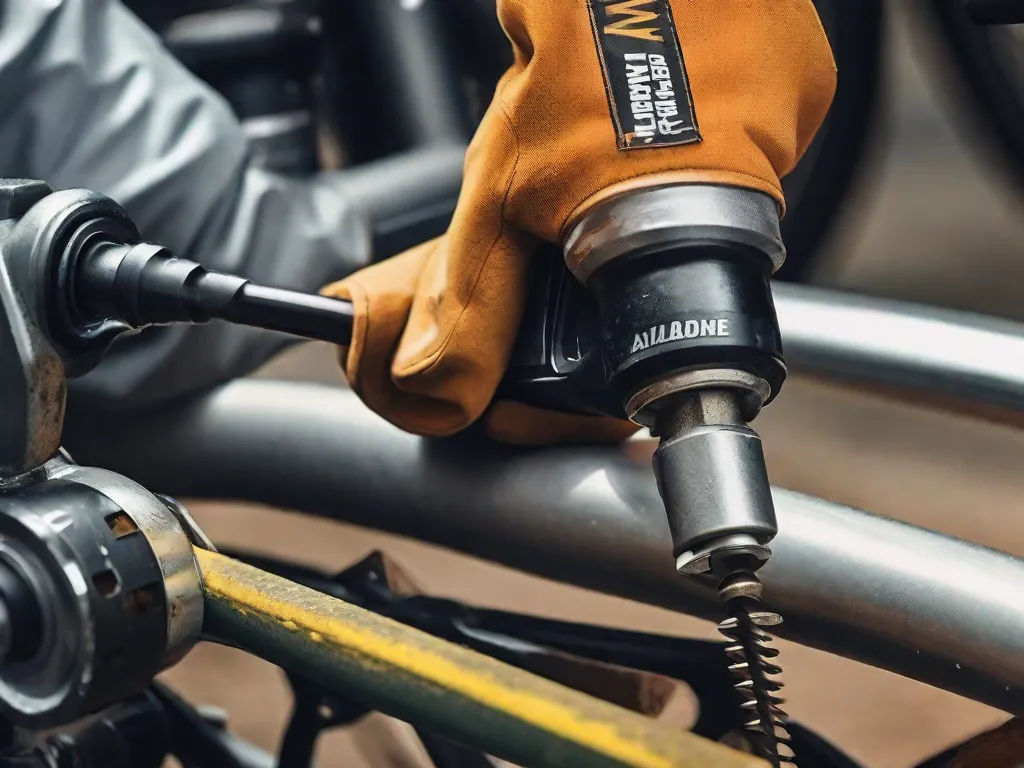 Descrição da imagem: Um close-up de uma pessoa usando luvas de proteção e usando uma furadeira para preparar uma área para perfurar um buraco em um quadro de bicicleta. A pessoa está focada e determinada, garantindo que a área esteja limpa e livre de quaisquer obstruções antes de prosseguir com a tarefa.