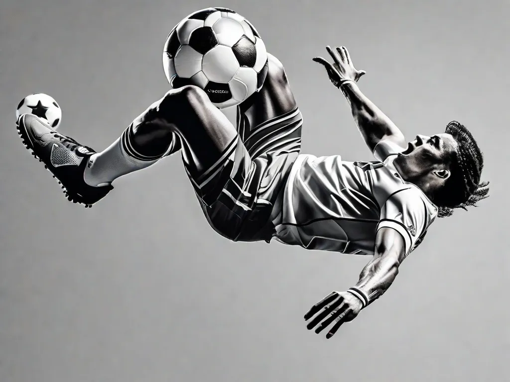 Uma imagem em preto e branco capturando o momento eletrizante de um jogador de futebol no ar, executando uma bicicleta perfeita. Seu corpo está arqueado, pernas estendidas, e a bola está suspensa no ar, congelada no tempo. A pura habilidade atlética e precisão do momento são palpáveis.