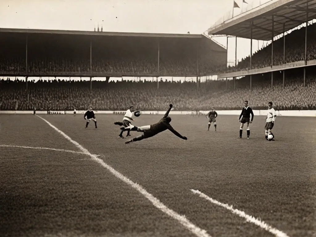 A imagem retrata uma fotografia em preto e branco do início do século 20, mostrando um grupo de jogadores de futebol em uma partida intensa. Um jogador é capturado no ar, executando um espetacular chute de bicicleta, enquanto os outros observam maravilhados. A imagem representa as origens do gol de bicicleta no futebol, mostrando a habilidade e inovação dos pioneiros
