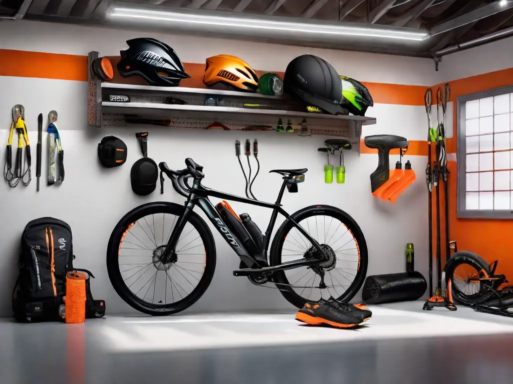 Uma parede de garagem organizada de maneira limpa com uma variedade de equipamentos essenciais para ciclismo: um capacete preto fosco, colete refletivo de alta visibilidade, luzes de LED para bicicleta, um conjunto de ferramentas múltiplas, uma bomba de ar portátil para pneus e um pacote de hidratação, todos prontos para a próxima aventura de cicl