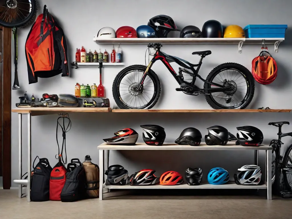 Uma parede de garagem organizada de forma arrumada, exibindo uma variedade de equipamentos para bicicleta: capacetes pendurados em ganchos, uma fileira de luvas, prateleiras com diversas garrafas de água e uma seleção de sapatos embaixo. Em primeiro plano, uma bancada com um kit de ferramentas para manutenção de bicicletas espalhado.
