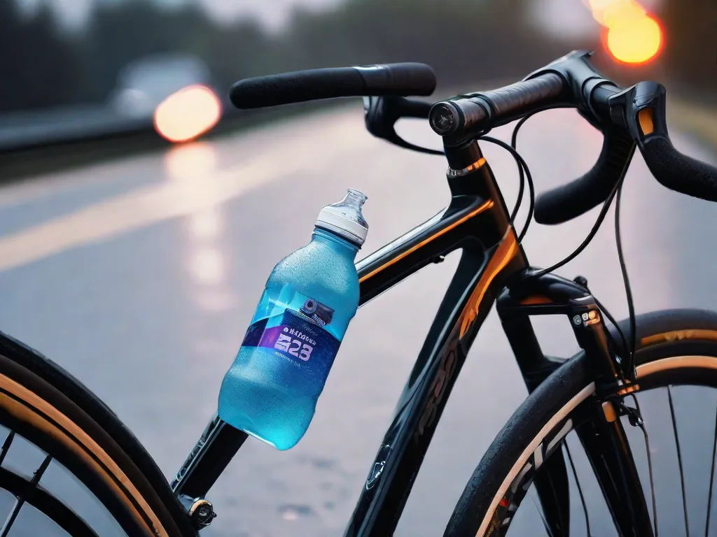 Uma garrafa de água acoplada ao quadro de uma bicicleta, com gotículas de condensação sugerindo que está cheia de líquido frio. O fundo mostra uma estrada desfocada se estendendo à frente, indicando uma jornada de ciclismo em andamento. A garrafa é facilmente acessível, enfatizando a importância de manter-se hidratado enquanto se pedala.