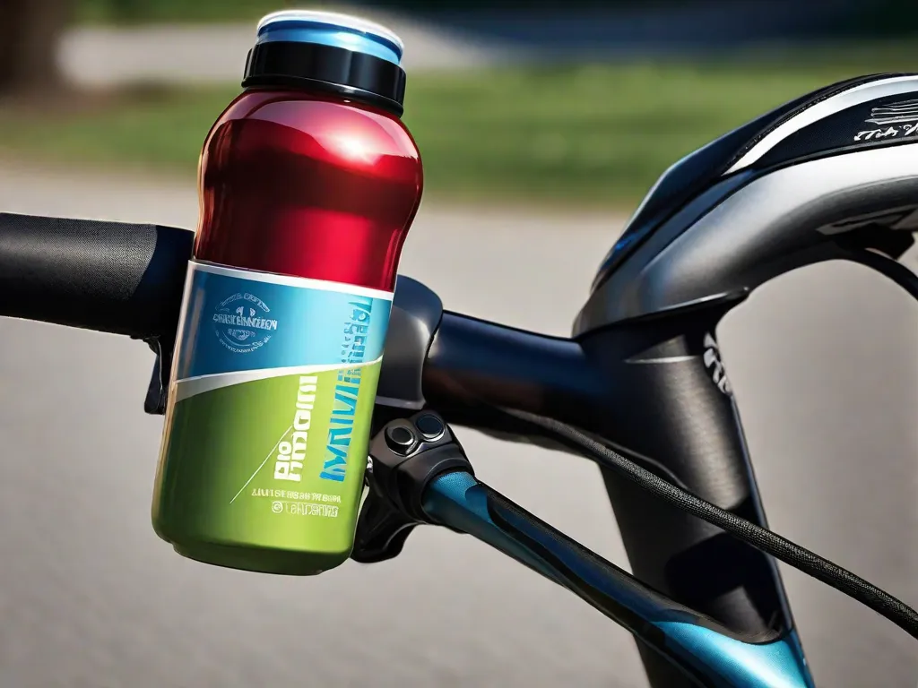 Uma imagem em close de uma garrafa de água acoplada ao quadro de uma bicicleta, com um pequeno tubo de protetor labial e um par de óculos de sol repousando no selim, sugerindo preparação para um passeio ensolarado e hidratante.