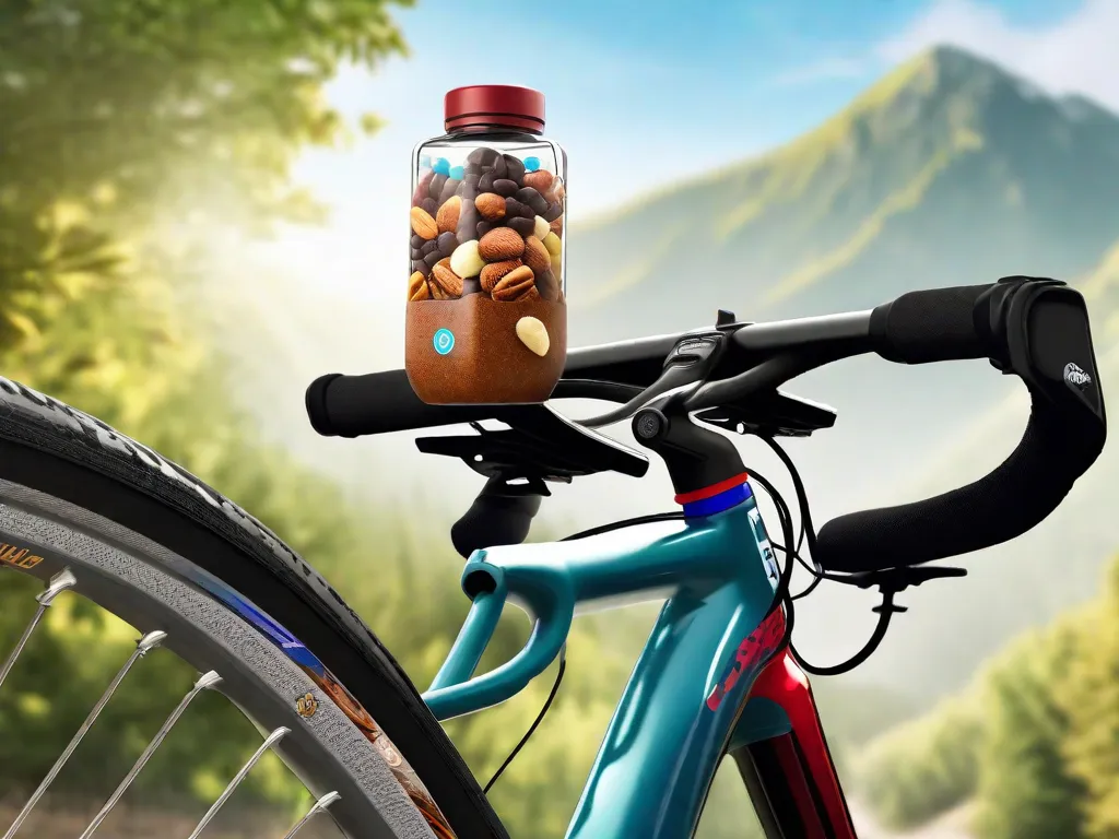 Uma garrafa de água montada no quadro de uma bicicleta, com uma variedade de barras energéticas e mistura de frutas secas e nuts em um pequeno porta-objetos aberto no guidão, diante de um cenário ensolarado de uma trilha ladeada por árvores.