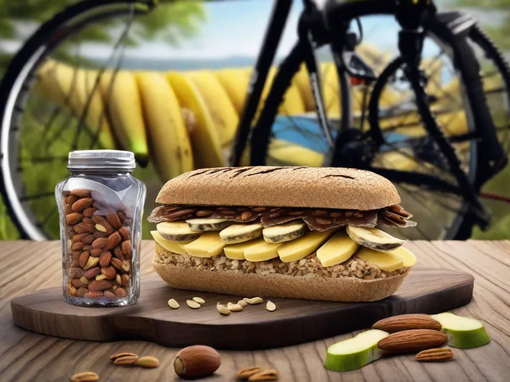 Uma bicicleta de estrada está encostada em uma cerca de madeira com um cenário campestre ao fundo. No quadro da bicicleta, uma bolsa compacta está recheada com barras de energia, bananas, uma garrafa de água e um pequeno pacote de nozes mistas - combustível para a longa pedalada que está por vir.