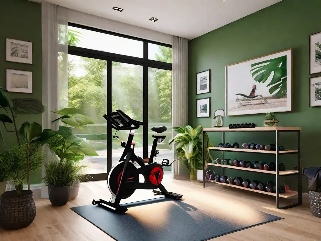 Descrição da imagem: Uma imagem vibrante mostrando uma academia doméstica bem equipada, com uma bicicleta estacionária elegante colocada proeminentemente no centro. A bicicleta está cercada por plantas verdes exuberantes, criando uma atmosfera refrescante e convidativa. A luz natural suave passa pela janela, destacando o design moderno da bicicleta e enfatizando sua importância como uma