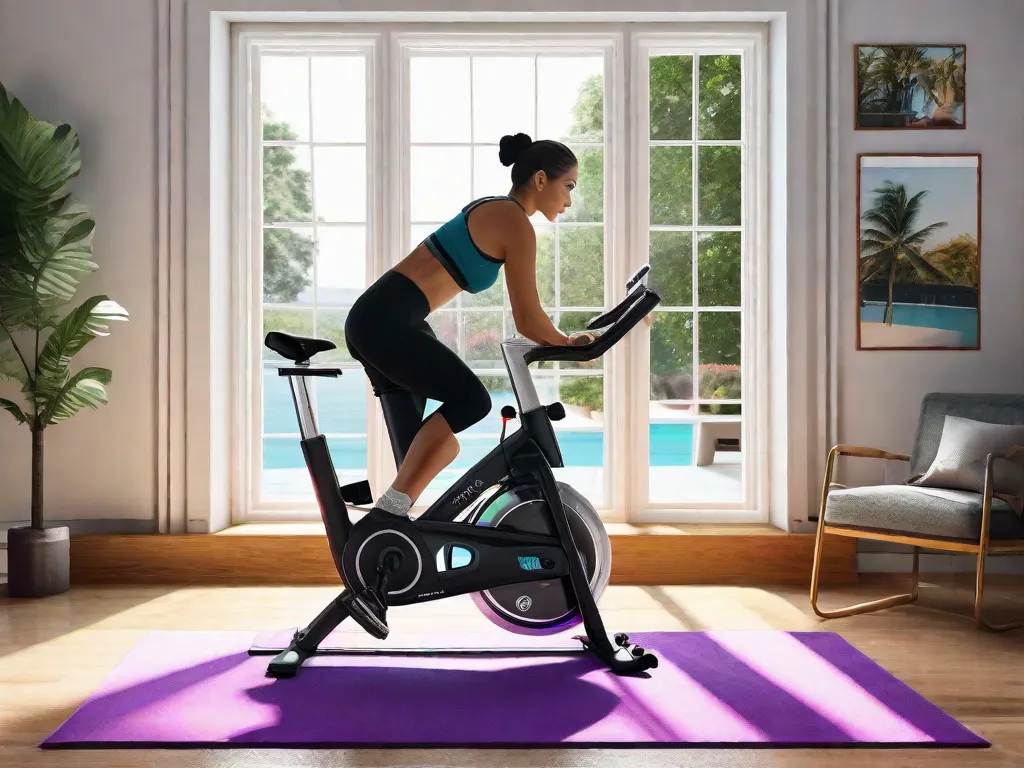 Uma imagem vibrante de um setup de academia em casa com uma bicicleta estacionária elegante e moderna como peça central. A bicicleta está rodeada por pôsteres motivacionais, equipamentos de fitness e uma janela iluminada com vista para uma paisagem externa serena. Isso representa o espaço perfeito para treinar em casa e escolher a bicicleta ergométrica ideal.
