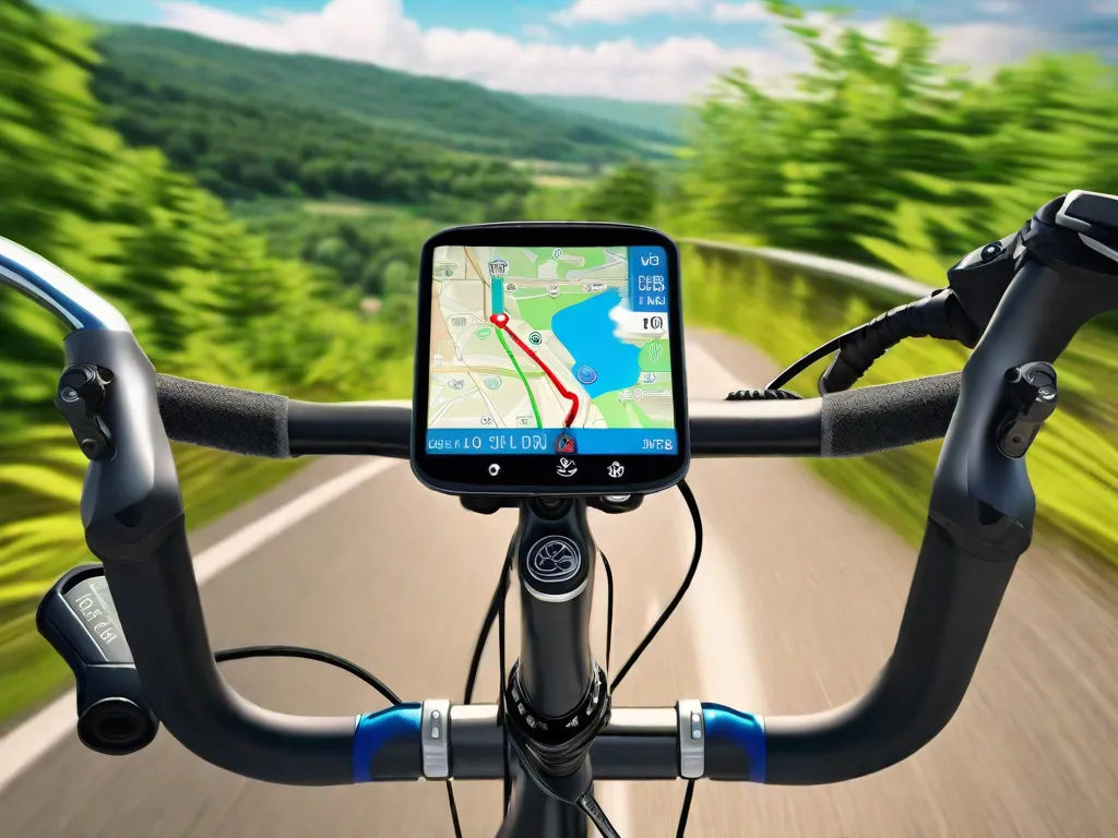 Um dispositivo GPS montado no guidão de uma bicicleta, exibindo um mapa com uma rota claramente destacada. Ao fundo, há uma vista panorâmica de uma estrada sinuosa com vegetação exuberante dos dois lados, sob um céu azul brilhante.