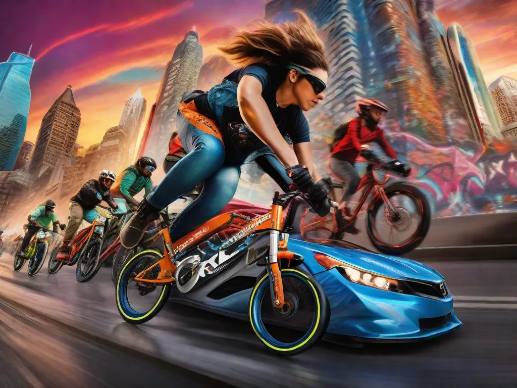 Capture uma imagem deslumbrante de um vibrante mural de graffiti que retrata um grupo de motociclistas destemidos acelerando por uma paisagem urbana movimentada. A obra de arte mostra a energia dinâmica e a emoção do ciclismo urbano, inspirando os leitores a abraçarem o poder transformador do ciclismo como uma forma de arte.