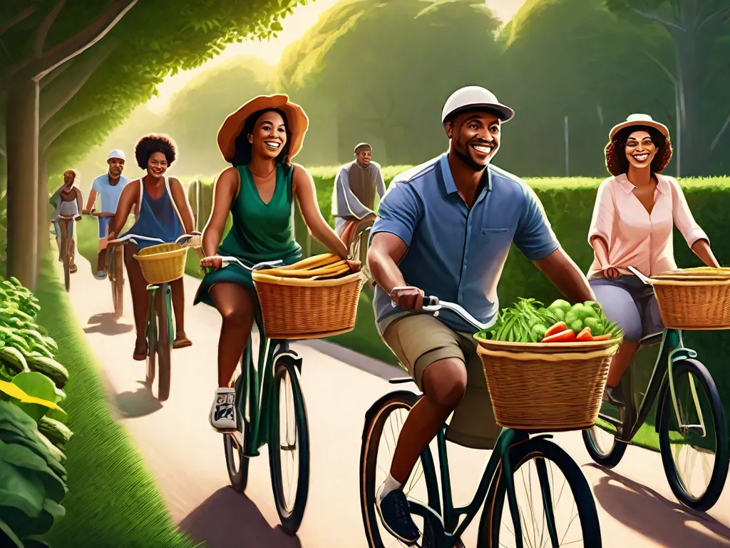 Um grupo diversificado de adultos sorrindo e andando de bicicleta ao longo de um parque urbano verdejante, com alguns carregando cestas cheias de produtos locais. O sol está se pondo, lançando um brilho quente sobre a cena, destacando um senso de comunidade e vida sustentável.