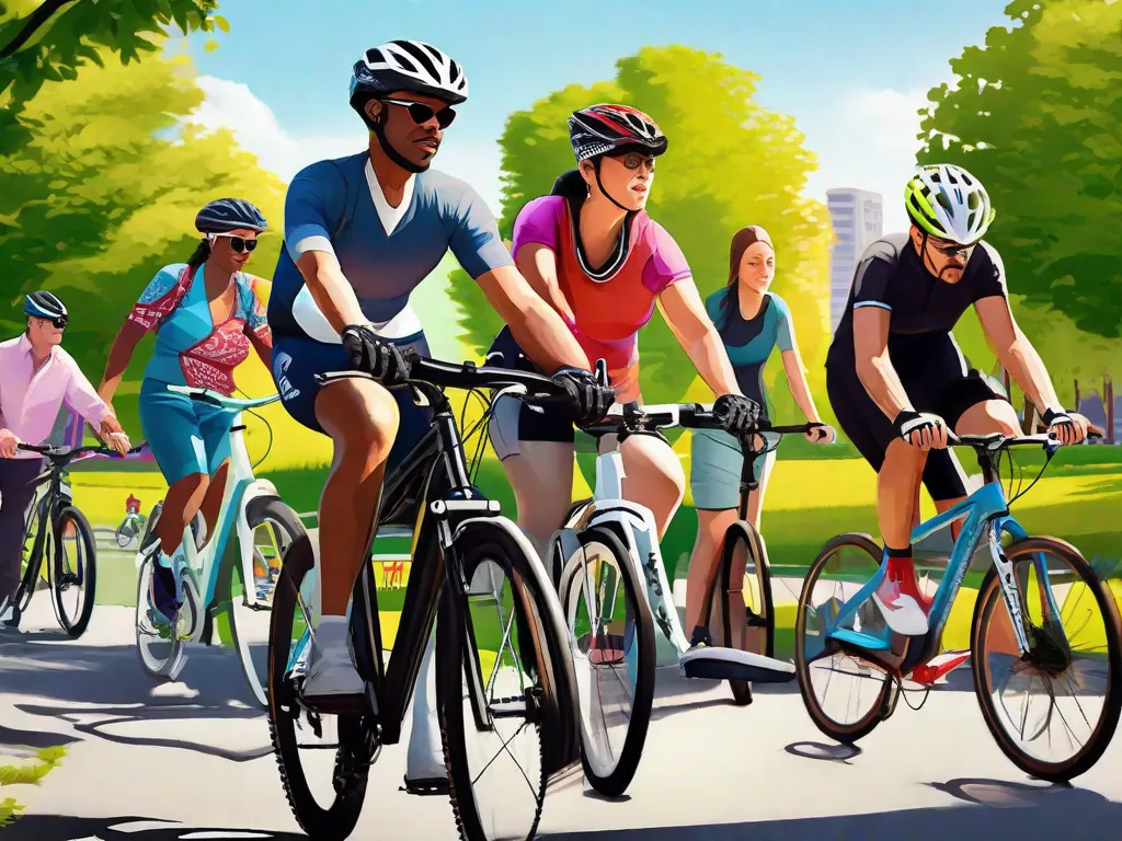 Um grupo diversificado de adultos com bicicletas de vários estilos, incluindo bicicletas de estrada, mountain bikes e bicicletas urbanas, está reunido em um parque urbano ensolarado, destacando o apelo universal e a acessibilidade do ciclismo entre diferentes demografias e status sociais.
