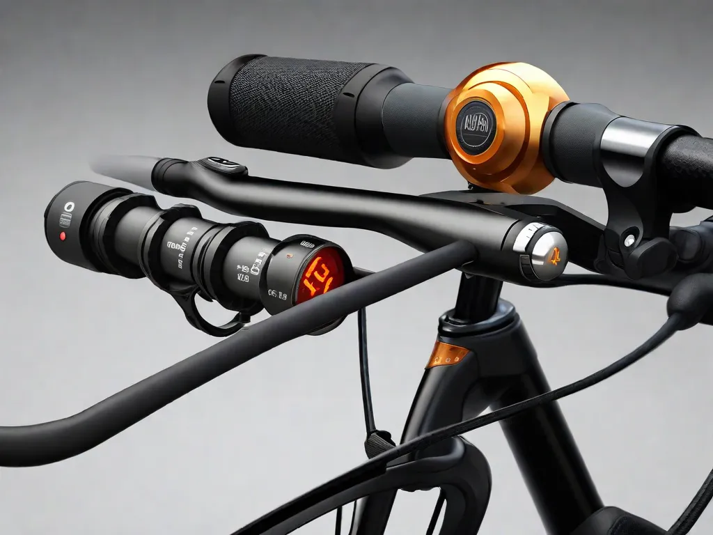 Uma imagem em close-up de um guidão de bicicleta mostrando uma variedade de botões e alavancas, cada um rotulado com suas respectivas funções. A imagem destaca as diferentes combinações de botões que podem ser usadas para realizar diversos movimentos na bicicleta, fornecendo um guia visual útil para os ciclistas.