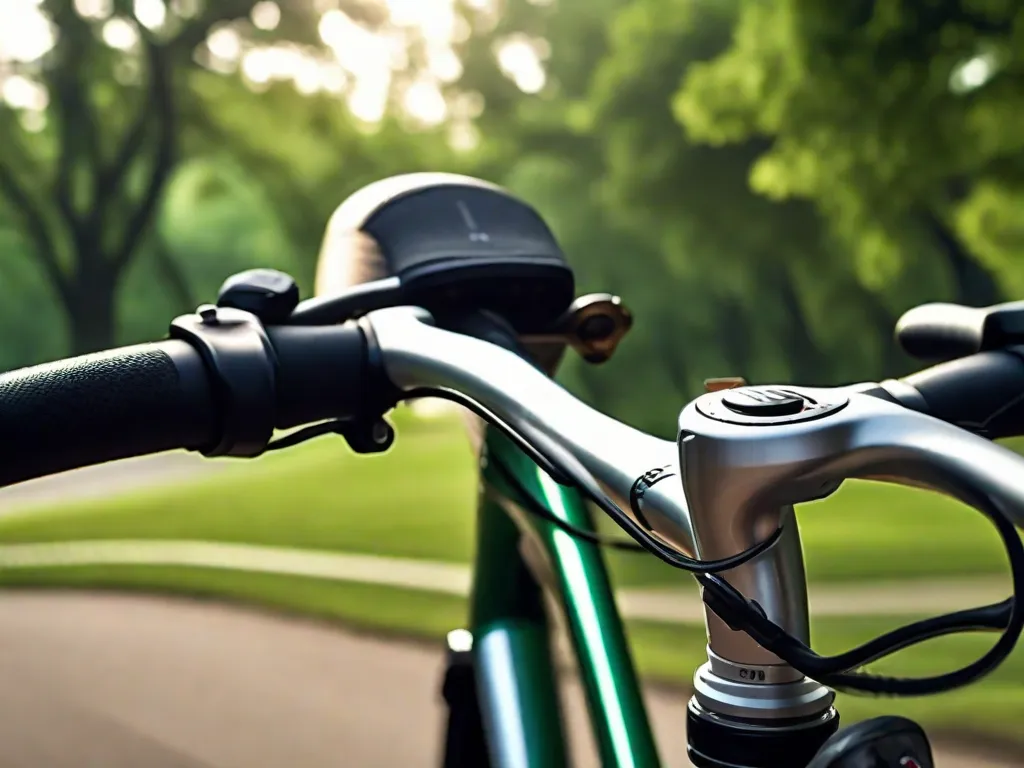 Uma imagem de close-up do guidão de uma bicicleta equipado com manoplas ergonômicas e uma leve curvatura para cima, definido contra um fundo desfocado de um parque sereno com árvores verdes exuberantes, sugerindo uma experiência relaxante de ciclismo.
