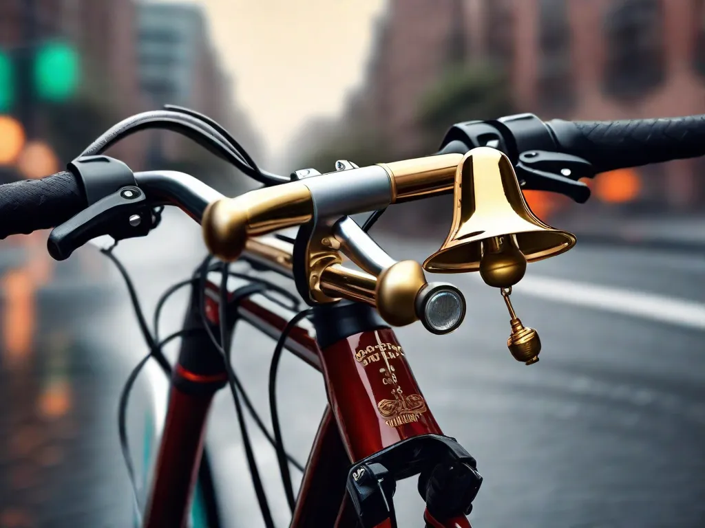 Um guidão de bicicleta equipado com um sino de latão brilhante à esquerda e uma buzina compacta e moderna à direita, ambos montados contra o pano de fundo de uma rua da cidade desfocada, para significar a atenção e segurança em ambientes urbanos de ciclismo.