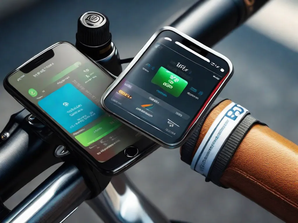 Uma imagem em close-up do guidão de uma bicicleta com um smartphone acoplado exibindo um aplicativo de controle financeiro, ao lado de uma garrafa de água e um pequeno estojo contendo dinheiro e cartões de crédito, simbolizando a gestão orçamentária para ciclistas.