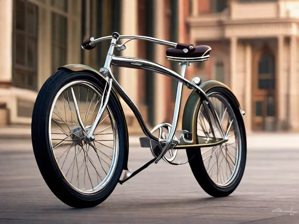 Um guidão elegante de bicicleta cruiser, com sua distintiva curva ampla em forma de U, está montado em uma bicicleta de estilo vintage. O acabamento cromado polido reflete a luz do sol e manoplas ergonômicas de couro adicionam um toque de elegância e conforto ao design.