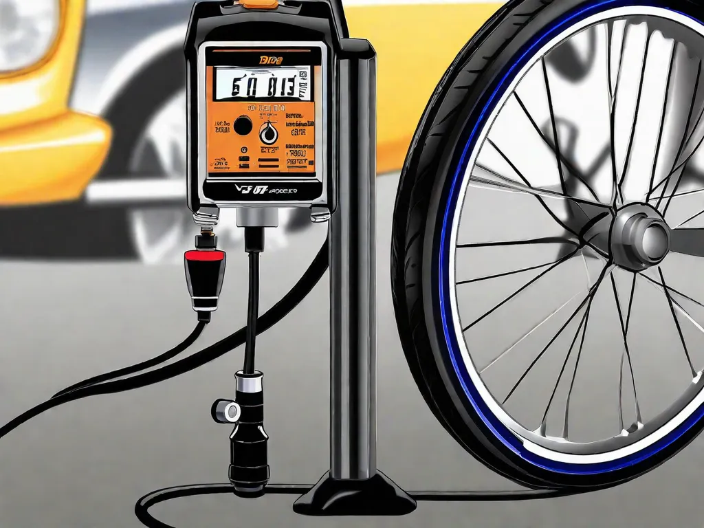 Uma imagem em close-up de um pneu de bicicleta sendo inflado com uma bomba, mostrando a importância de manter os pneus devidamente inflados. A imagem captura o foco na válvula, no medidor de pressão e no ar enchendo o pneu, destacando os benefícios de ter pneus bem inflados para uma pedalada suave e eficiente.