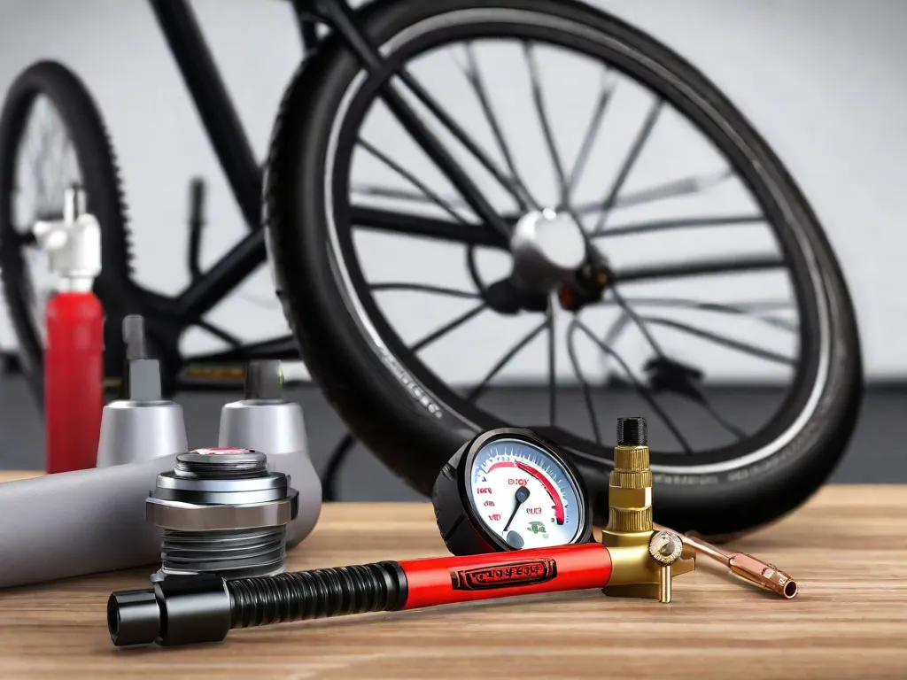 Uma imagem em close-up de uma válvula de bicicleta conectada a uma bomba de ar, com um fundo de várias ferramentas e acessórios, como um medidor de pressão de pneus, um kit de reparo e câmaras de ar sobressalentes. A imagem destaca os materiais essenciais necessários para inflar corretamente os pneus da bicicleta para um passeio suave e seguro.