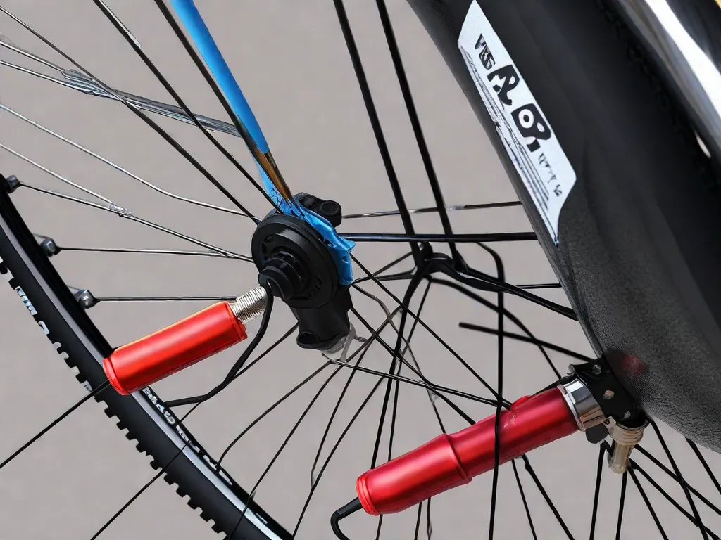 Uma imagem em close-up de uma mão segurando uma bomba de bicicleta, com a válvula do pneu visível. A mão está aplicando pressão na bomba, enquanto o ar flui para dentro do pneu. A imagem demonstra a praticidade de encher um pneu de bicicleta e oferece um guia visual para os leitores seguirem.