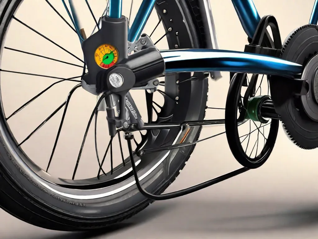 Uma imagem em close-up de um pneu de bicicleta sendo inflado com uma bomba. O foco está no medidor de pressão, mostrando o PSI ideal para um desempenho ótimo. A imagem destaca a importância de manter a pressão correta nos pneus para um passeio mais suave, melhor aderência e redução do risco de furos.