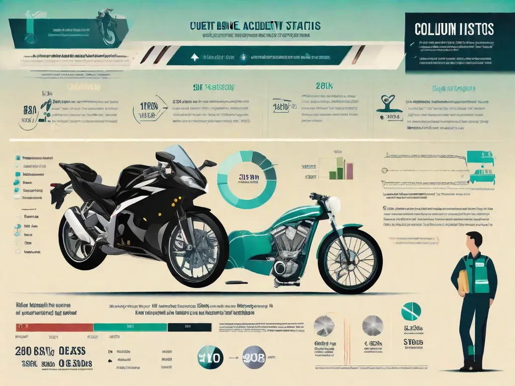 Uma infografia mostrando as estatísticas atuais de acidentes de bicicleta, com ícones representando diferentes tipos de colisões e gráficos mostrando tendências ao longo do tempo. Números em destaque indicam pontos de dados chave, como as causas mais comuns e os horários do dia em que os acidentes são mais frequentes.