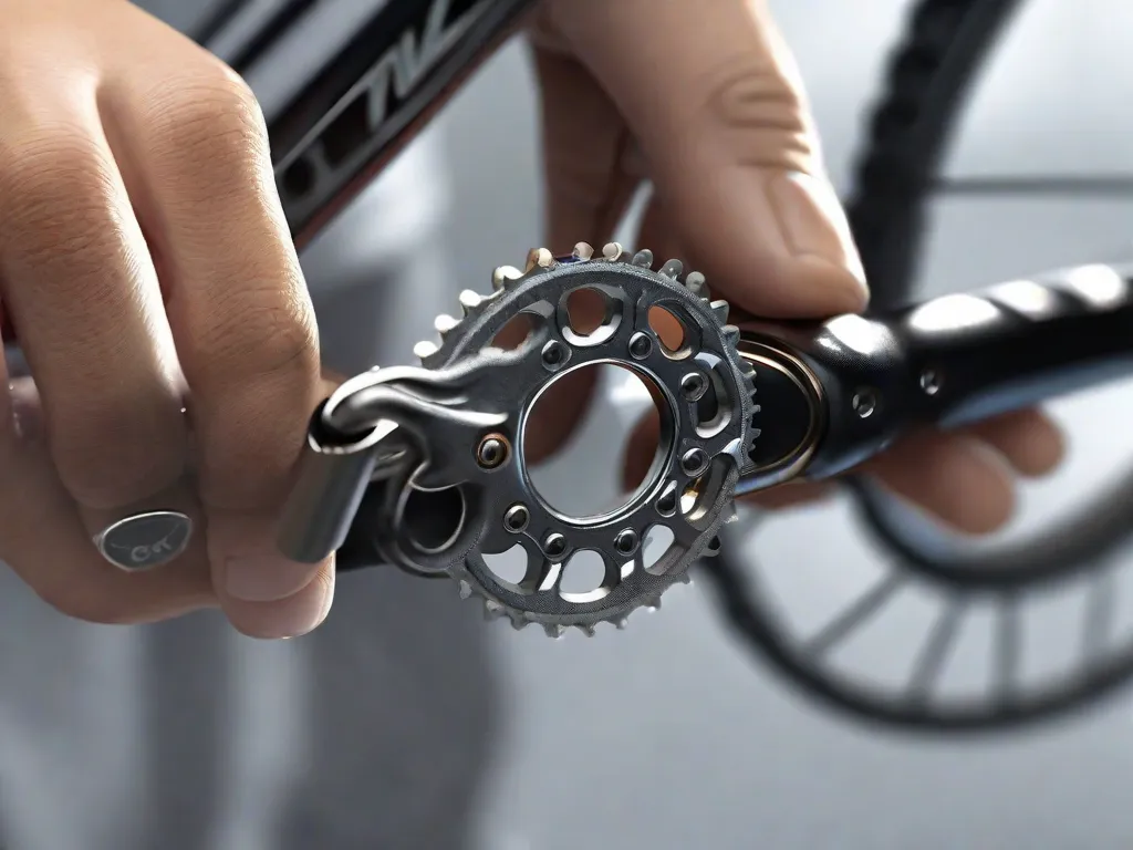 Uma imagem em close-up de uma corrente de bicicleta sendo inspecionada por uma mão segurando uma lupa. O foco está nos detalhes intricados dos elos da corrente, destacando a importância de verificar a qualidade dos componentes para um desempenho e durabilidade ótimos.