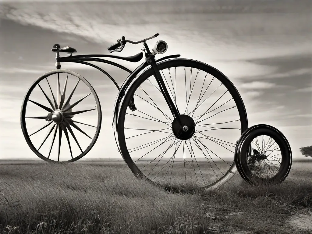 Uma fotografia em preto e branco mostra as primeiras invenções de veículos de duas rodas. No primeiro plano, uma estrutura de madeira que se assemelha a uma bicicleta com uma roda dianteira grande e uma roda traseira pequena se destaca. Atrás dela, uma bicicleta motorizada vintage com um pequeno motor montado no quadro captura a essência da inovação nos transport