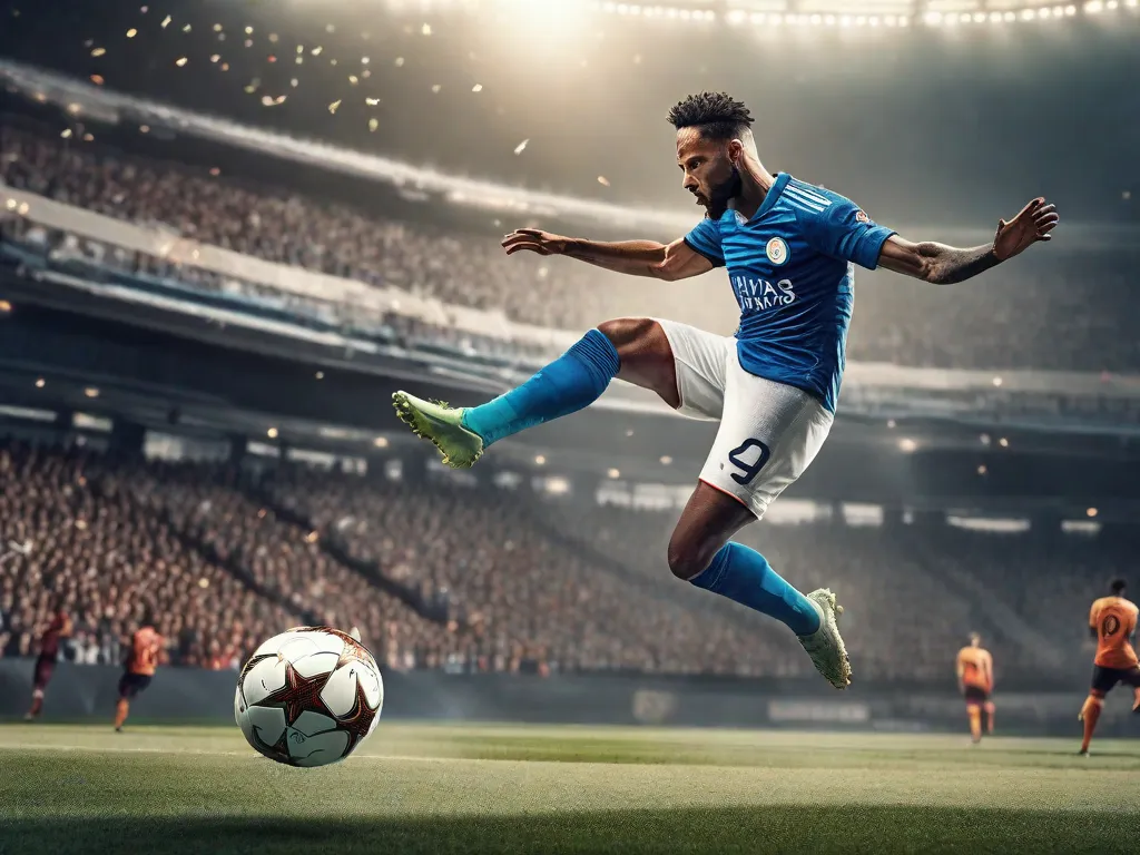 Uma imagem de um jogador de futebol profissional no ar, executando um perfeito chute de bicicleta em um estádio lotado. A determinação e habilidade do jogador são evidentes ao acertar a bola com precisão, capturando a empolgação e popularidade dessa técnica icônica de marcar gols.