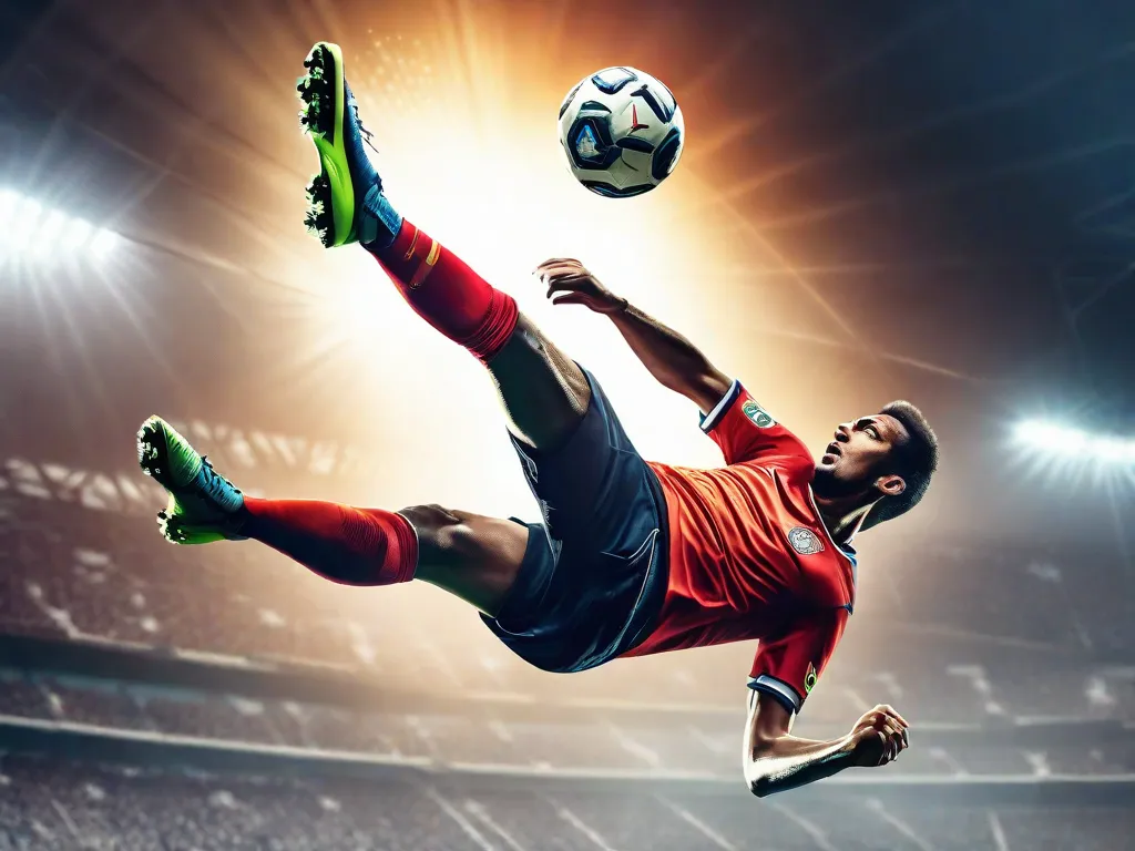 Uma imagem de um jogador de futebol suspenso no ar, executando um chute de bicicleta perfeito, com a bola voando em direção ao gol. A determinação e habilidade do jogador são evidentes, capturando o momento impressionante que mostra o impacto de um chute de bicicleta no futebol.