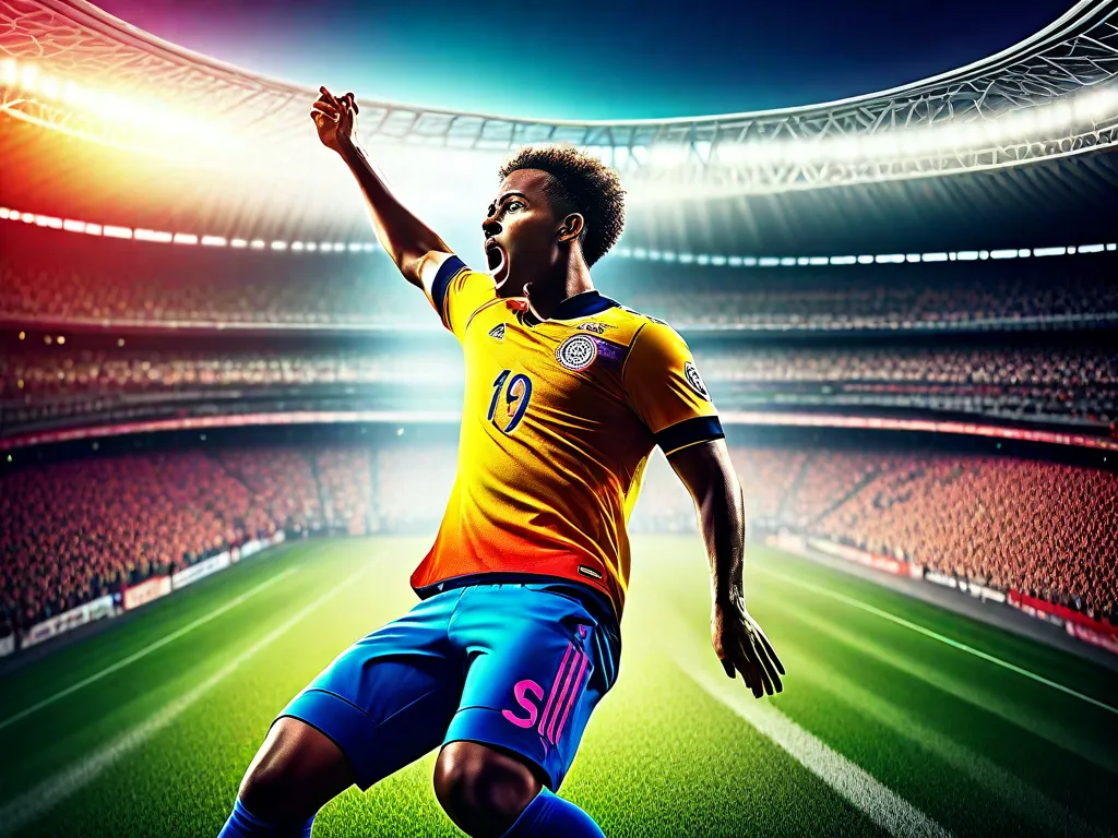 Descrição da imagem: Um jogador de futebol virtual, vestido com uma camisa vibrante, está no ar, executando um chute de bicicleta em um estádio cheio de fãs aplaudindo. As pernas do jogador estão estendidas, conectando perfeitamente com a bola, que está voando em direção ao gol. A intensidade e habilidade do momento são capturadas nesta imagem dinâmica.