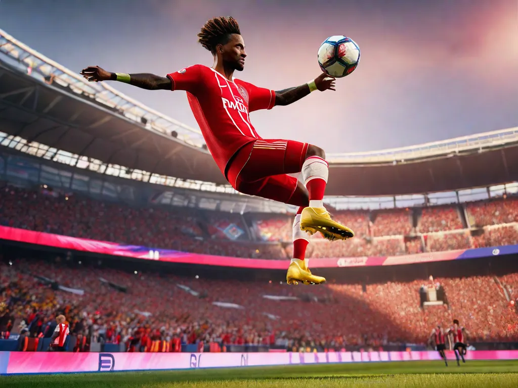 Descrição da imagem:
Um jogador de futebol virtual em um jogo de vídeo FIFA 22, usando uma camisa vibrante, é visto executando um golpe de bicicleta perfeito. O jogador está no ar, com as pernas estendidas, e a bola está posicionada perfeitamente na frente dele. A multidão do estádio está aplaudindo entusiasticamente ao fundo, criando uma atmosfera eletrizante.