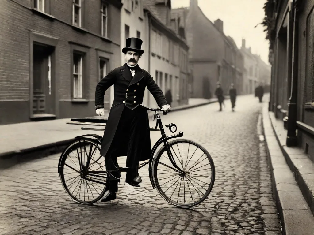 Descrição da imagem: Uma fotografia vintage em preto e branco de Karl Drais, um inventor alemão, montando sua versão inicial da bicicleta conhecida como
