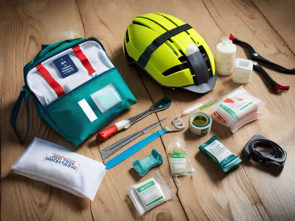 Um kit de primeiros socorros aberto com bandagens, lenços antissépticos e compressas de gaze dispostos ao lado de um capacete de bicicleta, luvas e uma garrafa de água, com um cenário pitoresco de uma trilha de ciclismo serpenteando por uma floresta iluminada pelo sol.