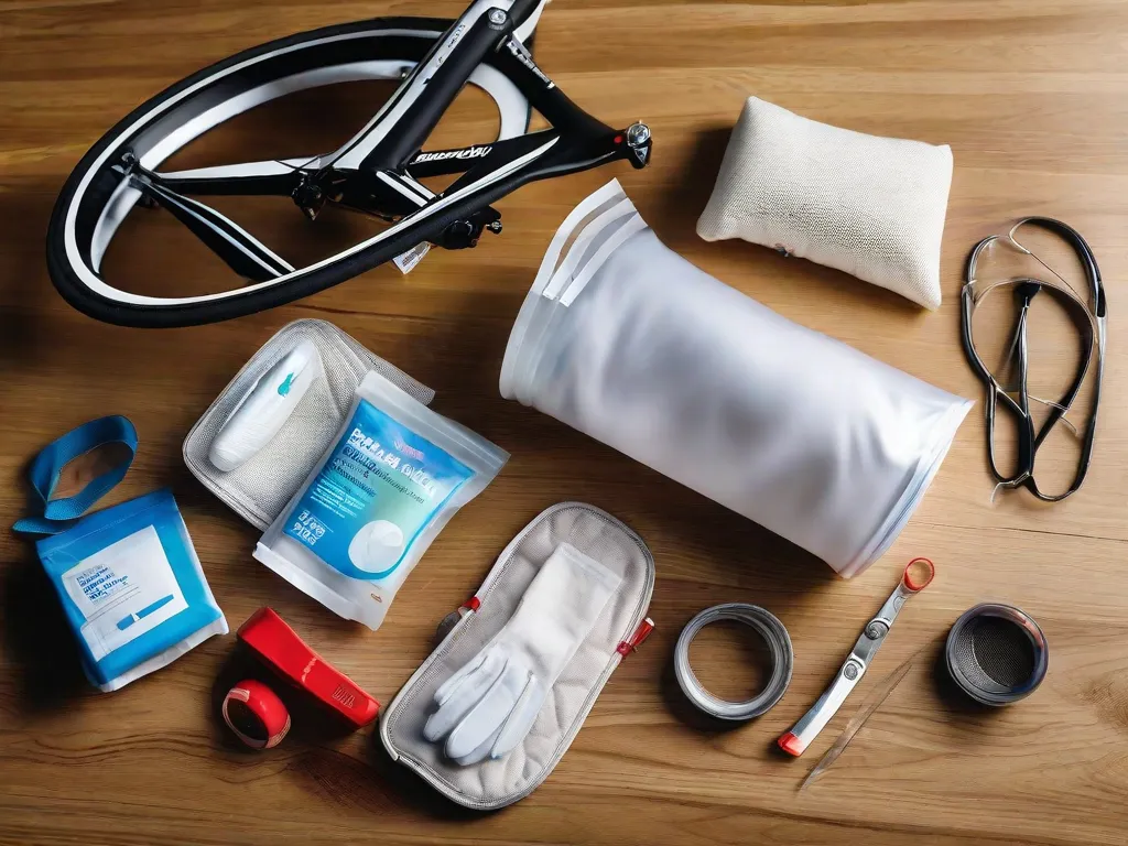 Um kit de primeiros socorros compacto com bandagens, lenços antissépticos e compressas de gaze está aberto ao lado de um capacete de bicicleta e um par de luvas sobre uma superfície de madeira, simbolizando a preparação para lesões relacionadas ao ciclismo.