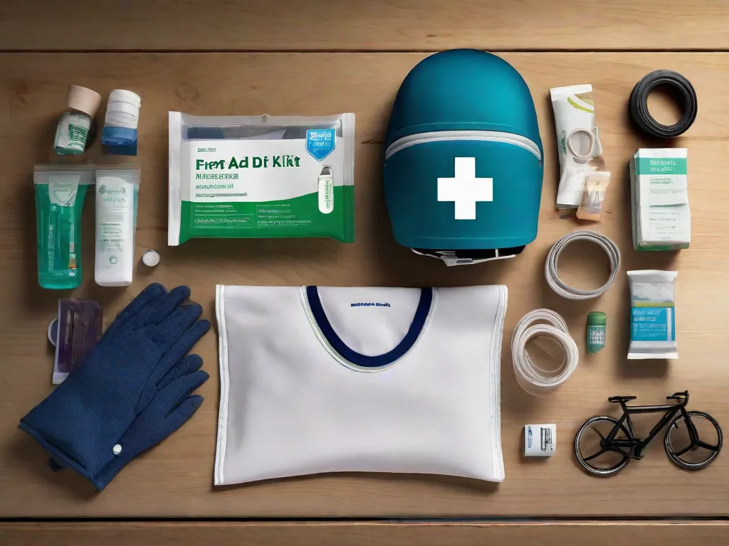 Um kit de primeiros socorros bem organizado está aberto sobre um banco de madeira ao lado de uma bicicleta. Dentro dele, estão visíveis bandagens, lenços antissépticos, gaze, fita adesiva médica e tesoura. Um capacete de bicicleta e um par de luvas repousam ao lado do kit, simbolizando a preparação para emergências durante o ciclismo.